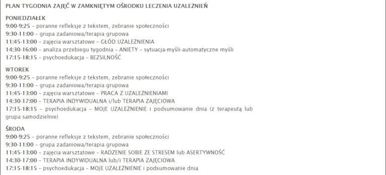 Plan tygodnia zamkniętego ośrodka uzależnień